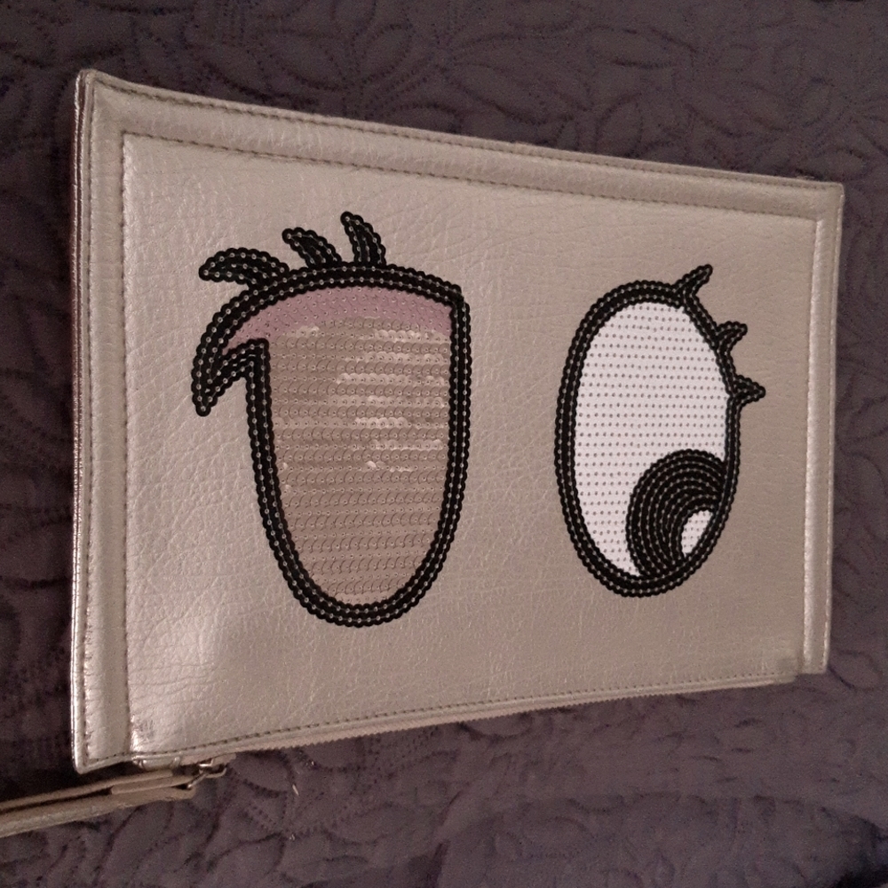 Clutch/wristlet,gold rectangular,with black,white and pink sequin details.